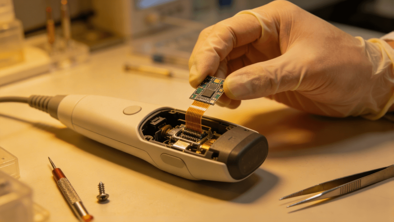 工程師正在將微型化柔性板集成到便攜式超聲探頭中，展現(xiàn)其在醫(yī)療設(shè)備微型化中的應(yīng)用