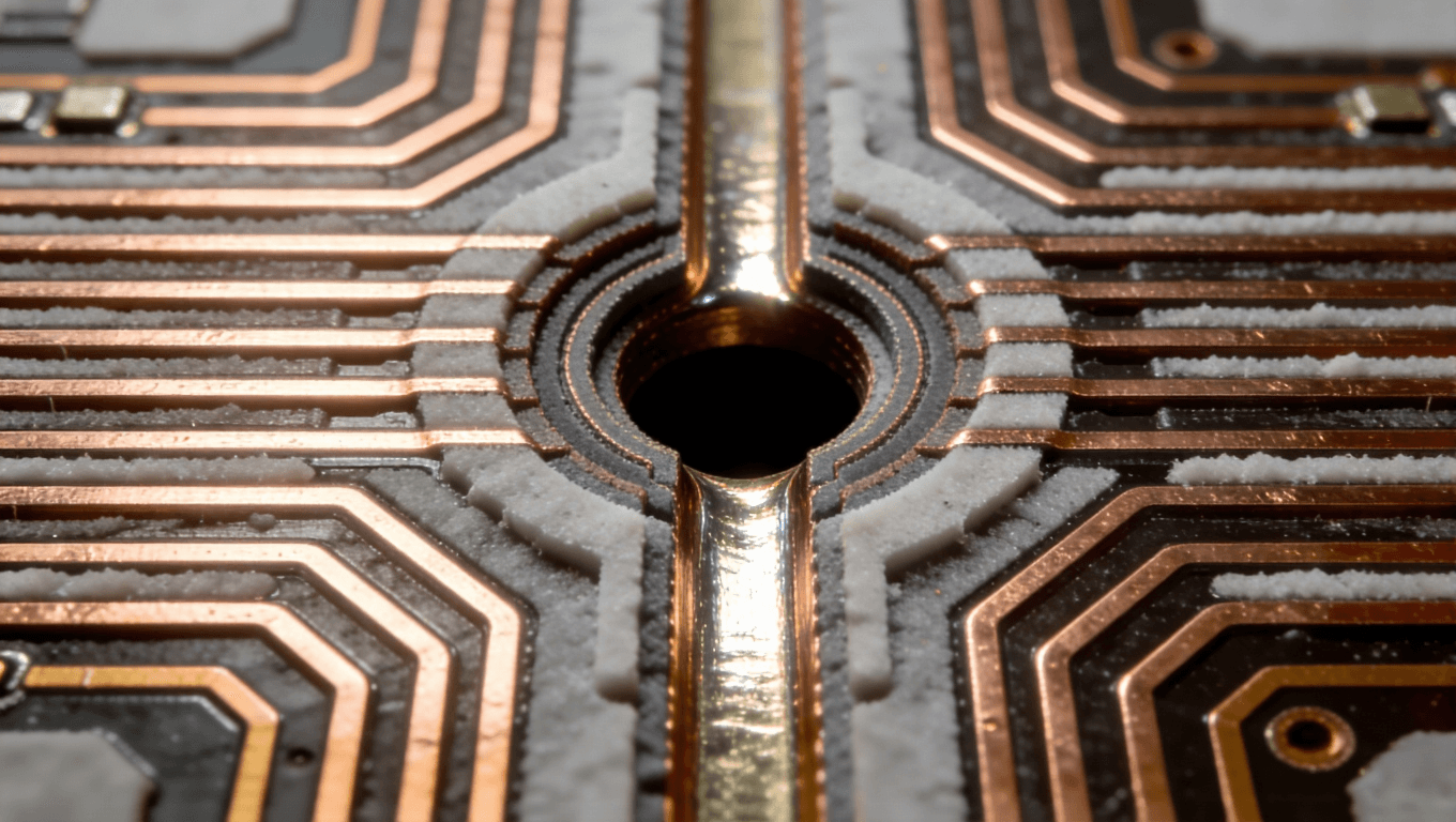 IC載板微小盲孔結(jié)構(gòu)的電子顯微鏡風(fēng)格截面視圖，展示高密度互連