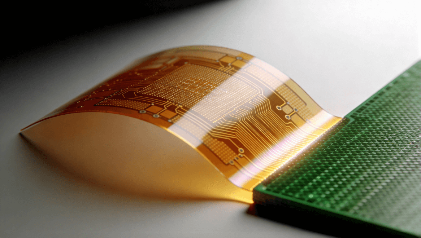 象征軟硬結(jié)合板材料體系革新的抽象視覺，展示無膠PI柔性基材與高性能剛性基材的結(jié)合