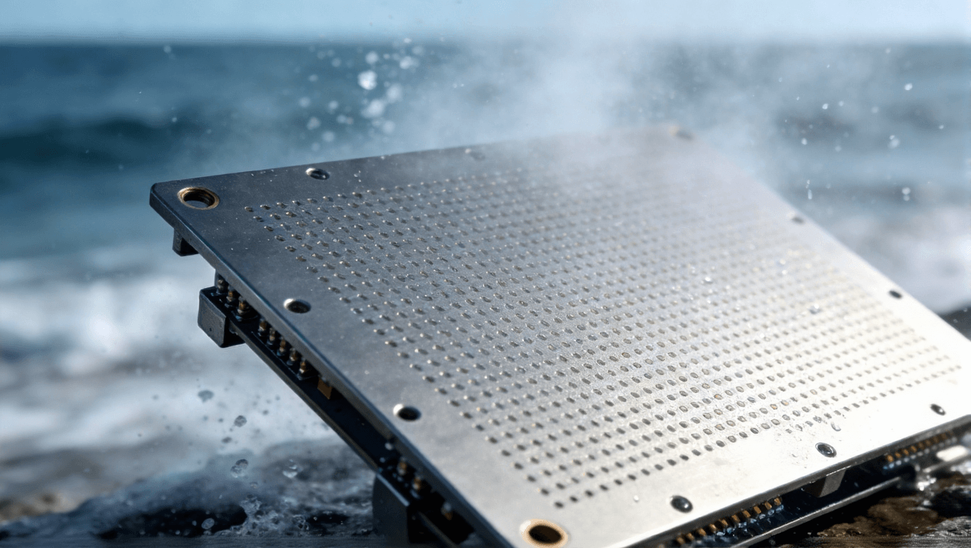 鋁基板陽極氧化處理后的表面在沿海高鹽霧環(huán)境中的表現(xiàn)，展現(xiàn)其耐腐蝕與金屬質(zhì)感