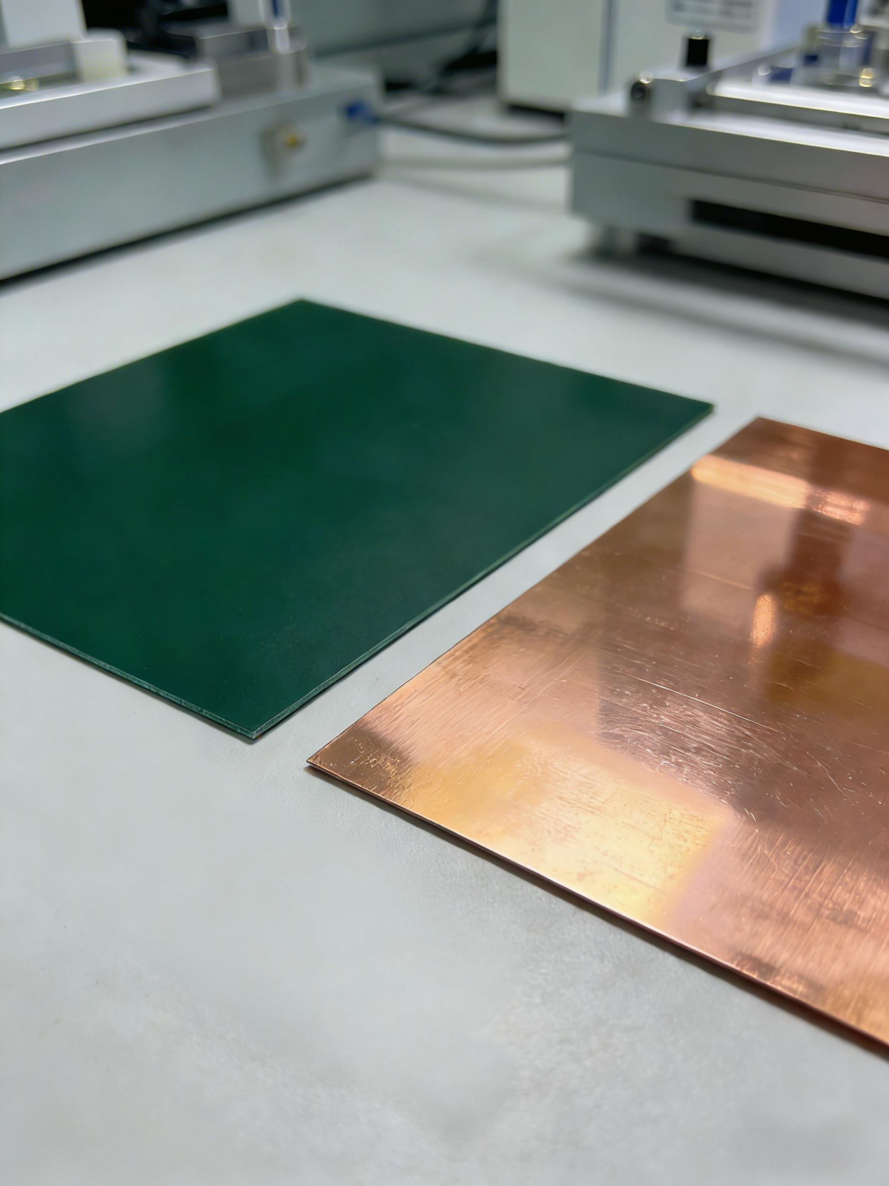 CPO光模塊PCB低損耗基材選型材料展示，包括高頻層壓板、壓延銅箔，體現(xiàn)精密制造與材料科技