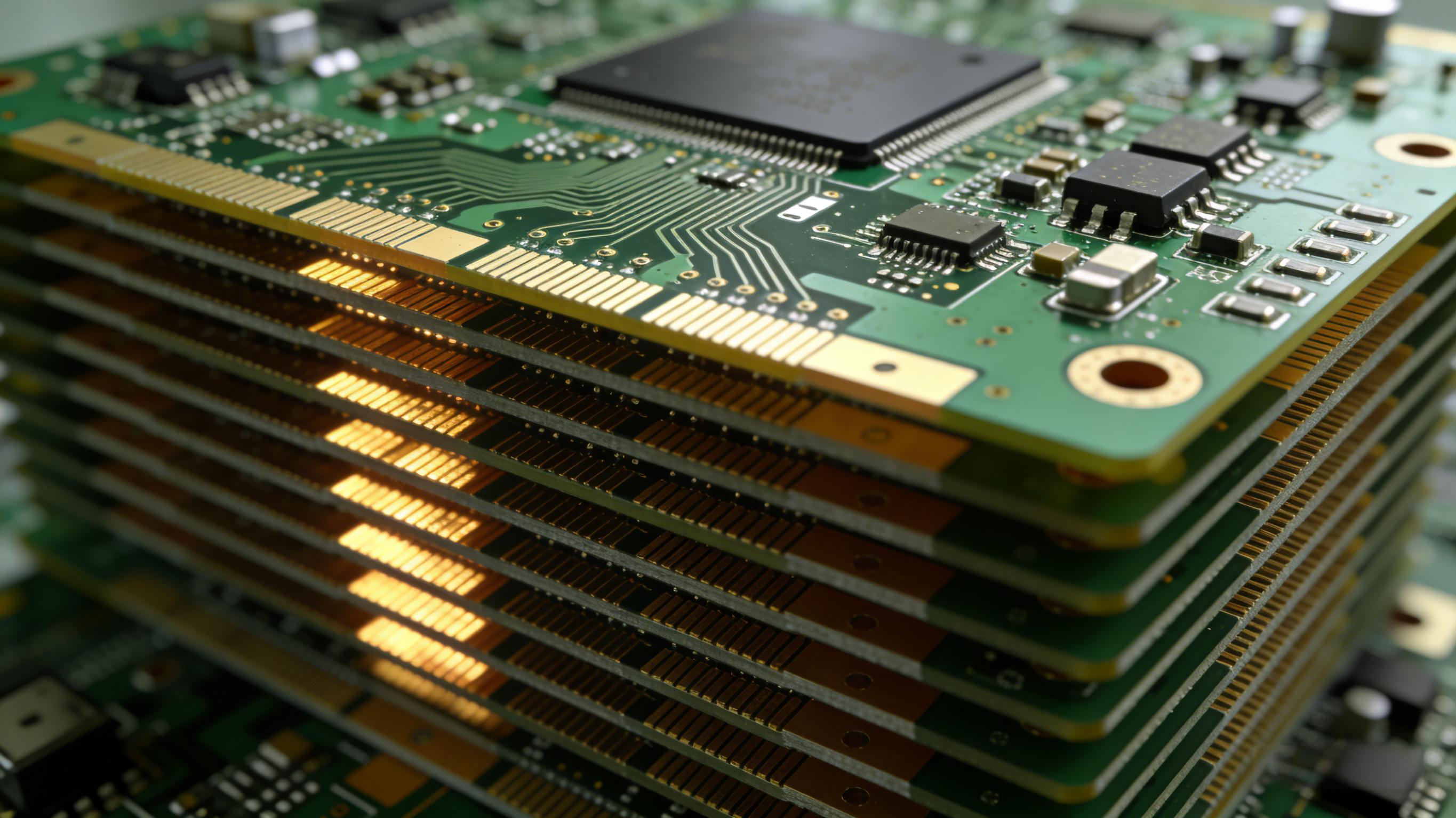 多層PCB層疊結(jié)構(gòu)截面視圖，信號層與接地層交替排列，展現(xiàn)阻抗穩(wěn)定的傳輸環(huán)境