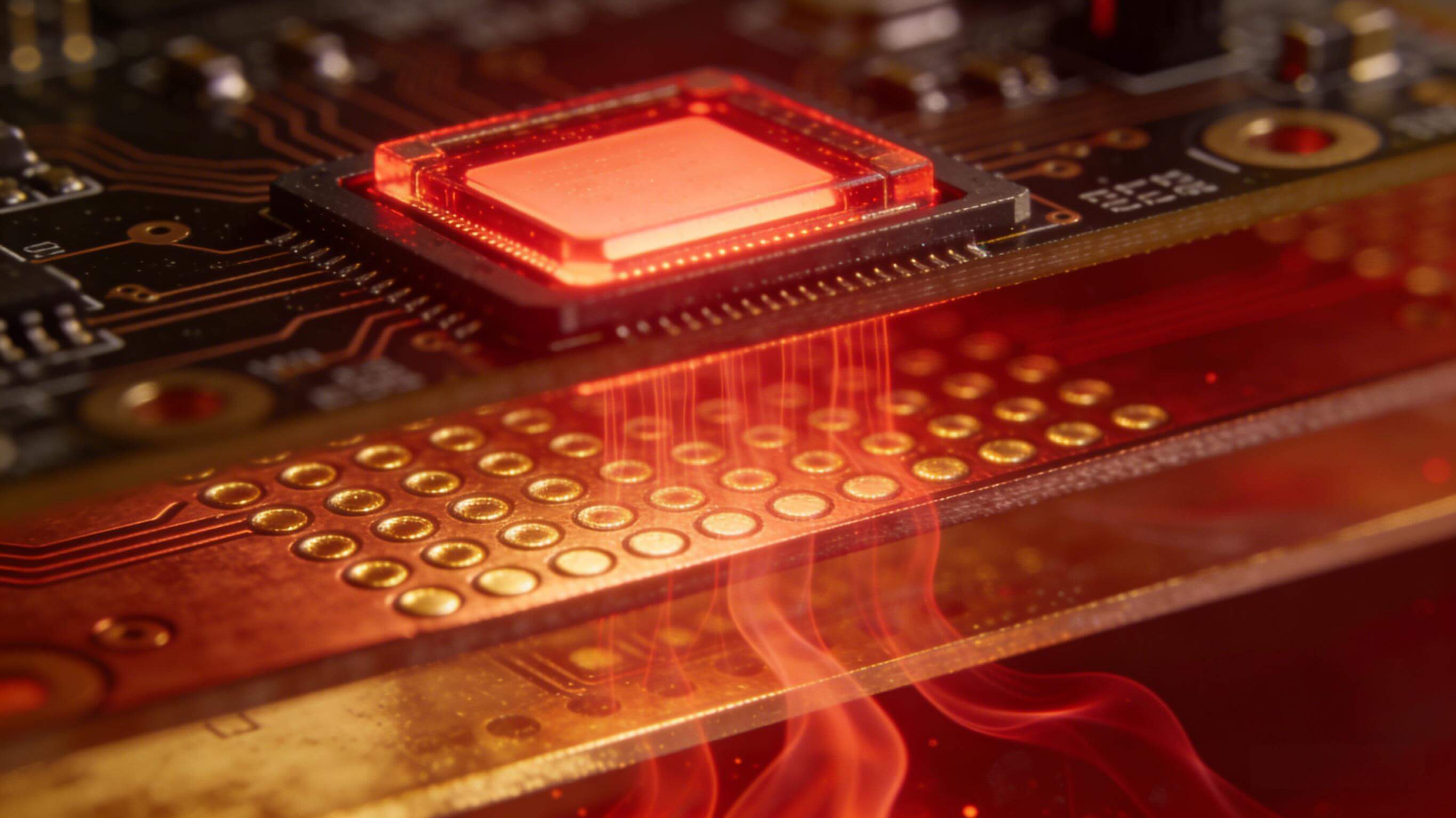 COB光模塊PCB散熱原理微距特寫(xiě)，激光器芯片熱量通過(guò)熱過(guò)孔向下傳導(dǎo)