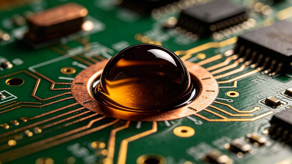 PCB樹脂塞孔工藝微觀特寫顯示樹脂精準(zhǔn)填充高密度板微小孔洞的飽滿狀態(tài)